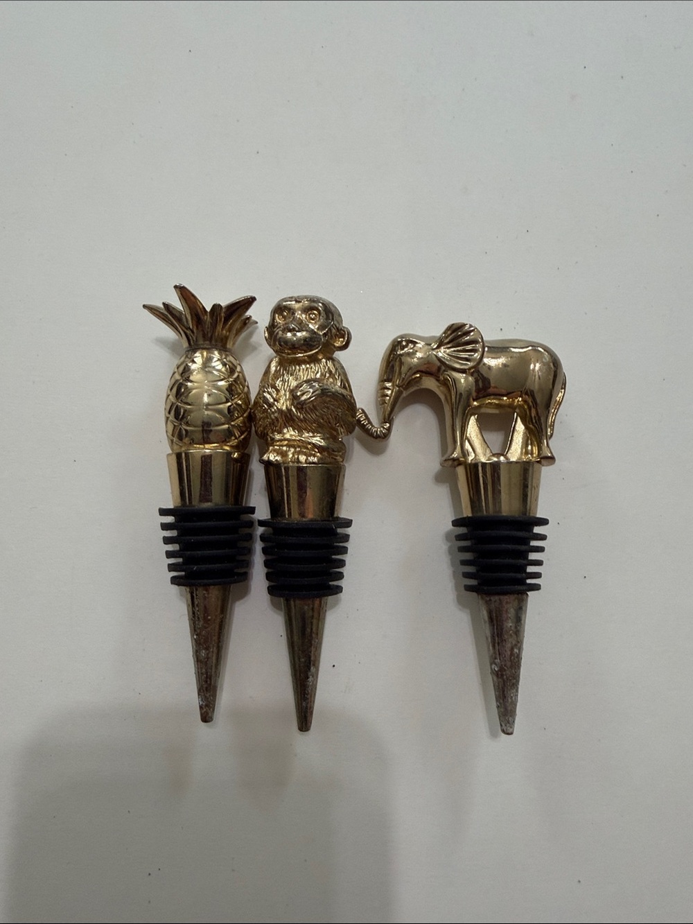 Gold Tone Pineapple, Monkey & Elephant Bottle Stoppers - Decorative Set